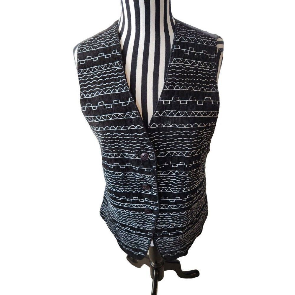 Vintage 80s Erez Levy Suede Leather Embroidered Vest Size L Black White